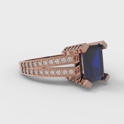 2.45 cttw Simulated Blue Sapphire Solitaire with Zirconia Simulated Diamond Accents Engagement Ring - Solid Rose Gold (VVS1, Emerald Cut,8x6mm)