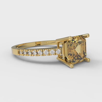 2.7 cttw Zirconia Simulated Yellow Diamond Solitaire with Zirconia Simulated Diamond Accents Engagement Ring - Solid Yellow Gold (VVS1, Asscher Cut,6.5mm)