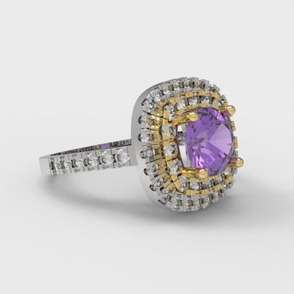 1.615 cttw Simulated Alexandrite Hidden Halo Engagement Ring - Solid White/Yellow Gold (VVS1, Round Cut,6.5mm)