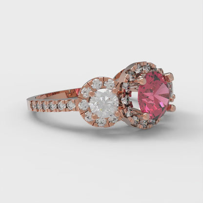 1.46 cttw Simulated Ruby Three-Stone Engagement Ring - Solid Rose Gold (VVS1, Round Cut,6.0mm)