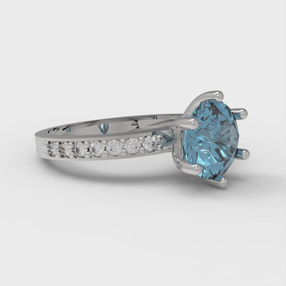 1.71 cttw Natural Swiss Blue Topaz Solitaire with Zirconia Simulated Diamond Accents Engagement Ring - Solid Gold (Round Cut,7.5mm)