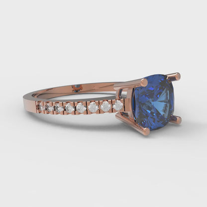 2.7 cttw Simulated Tanzanite Solitaire with Zirconia Simulated Diamond Accents Engagement Ring - Solid Gold (Cushion Cut,6.5mm)