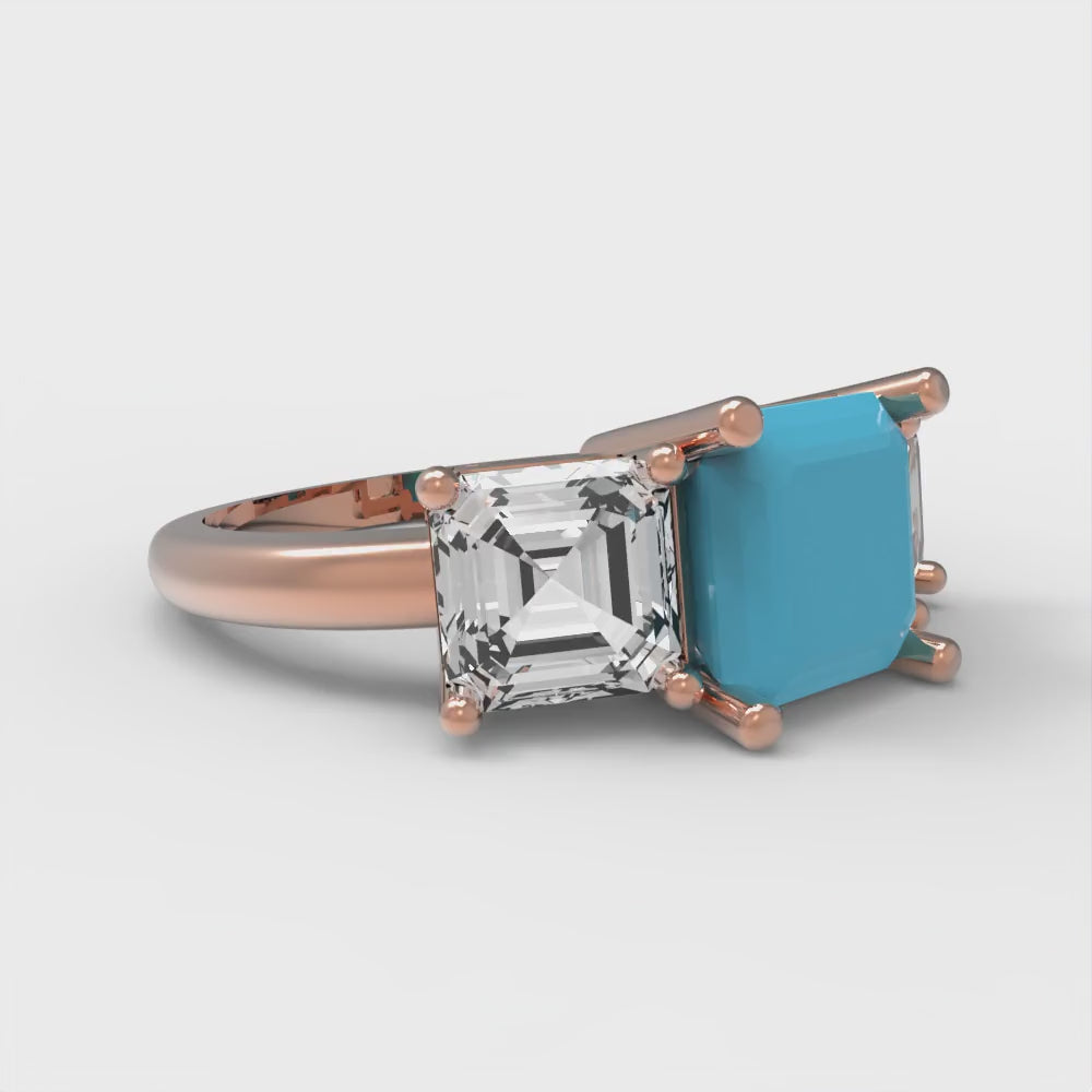 4 cttw Simulated Turquoise Three-Stone Engagement Ring - Solid Gold (Square Emerald Cut,7.0X7.0mm)