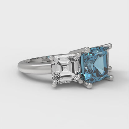 4 cttw Zirconia Simulated Blue Diamond Three-Stone Engagement Ring - Solid White Gold (VVS1, Square Emerald Cut,7.0X7.0mm)