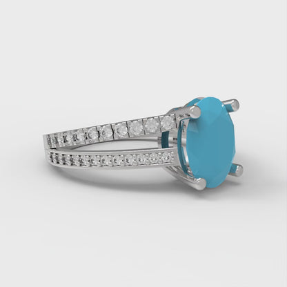 2.32 cttw Simulated Turquoise Solitaire with Zirconia Simulated Diamond Accents Engagement Ring - Solid Gold (Oval Cut,9X7mm)