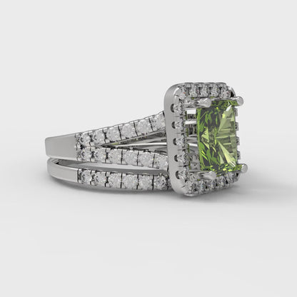 1.72 cttw Emerald Cut Natural Peridot Bridal Set - Solid White Gold Engagement Ring & Wedding Band
