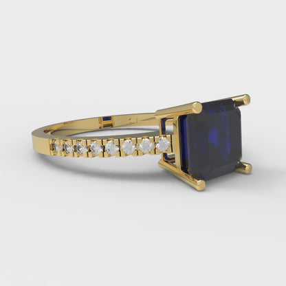 2.7 cttw Simulated Blue Sapphire Solitaire with Zirconia Simulated Diamond Accents Engagement Ring - Solid Yellow Gold (VVS1, Asscher Cut,6.5mm)