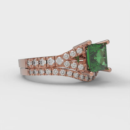 3.4 cttw Princess Cut Simulated Emerald Bridal Set - Solid Rose Gold Engagement Ring & Wedding Band