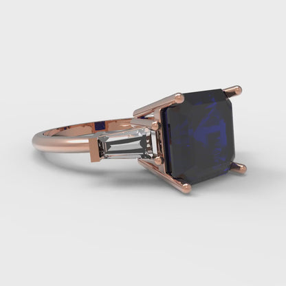 3 cttw Simulated Blue Sapphire Three-Stone Engagement Ring - Solid Gold (Asscher Cut,8.0mm)