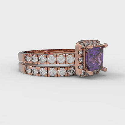 1.56 cttw Princess Cut Natural Amethyst Bridal Set - Solid Rose Gold Engagement Ring & Wedding Band