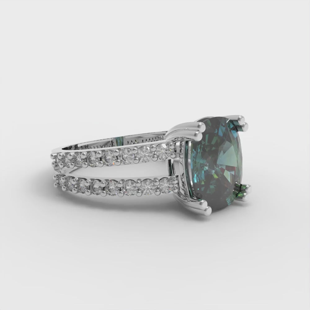 3.48 cttw Blue Moissanite Solitaire with Zirconia Simulated Diamond Accents Engagement Ring - Solid Gold (Long Cushion Cut,9x7mm)