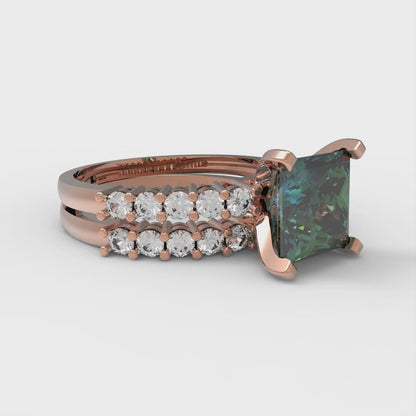 2.63 cttw Princess Cut Blue Moissanite Bridal Set - Solid Rose Gold Engagement Ring & Wedding Band