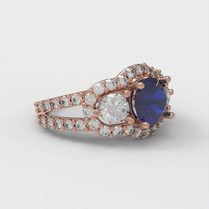 2.16 cttw Simulated Blue Sapphire Three-Stone Engagement Ring - Solid Rose Gold (VVS1, Round Cut,6.5mm)