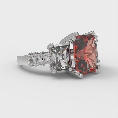 4.27 cttw Zirconia Simulated Red Diamond Three-Stone Engagement Ring - Solid Gold (VVS1, Emerald Cut,9x7mm)