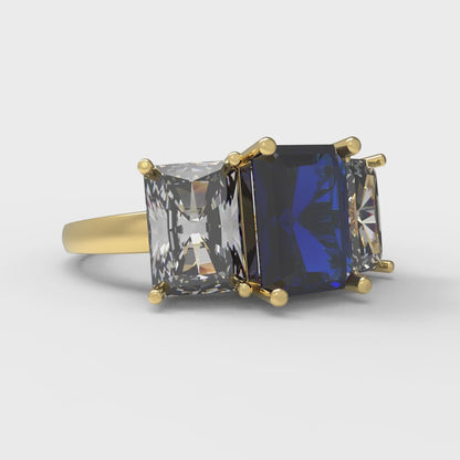 4 cttw Simulated Blue Sapphire Three-Stone Engagement Ring - Solid Gold (Emerald Cut,8x6mm)
