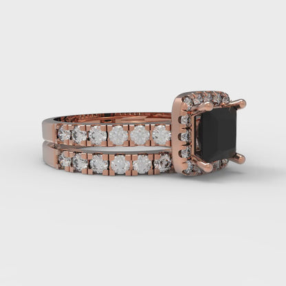 1.56 cttw Princess Cut Natural Onyx Bridal Set - Solid Rose Gold Engagement Ring & Wedding Band