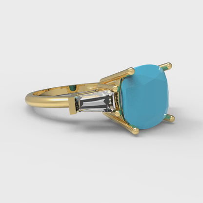 3 cttw Simulated Turquoise Three-Stone Engagement Ring - Solid Gold (Cushion Cut,8.0mm)