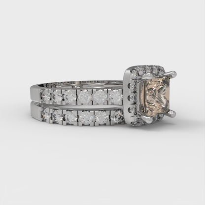 1.56 cttw Princess Cut Yellow Moissanite Bridal Set - Solid White Gold Engagement Ring & Wedding Band