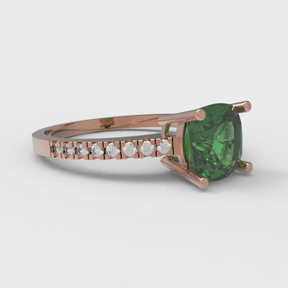 2.7 cttw Simulated Emerald Solitaire with Zirconia Simulated Diamond Accents Engagement Ring - Solid Gold (Cushion Cut,6.5mm)