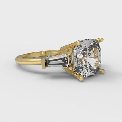 3 cttw Moissanite Three-Stone Engagement Ring - Solid Yellow Gold (VVS1, Cushion Cut,8.0mm)