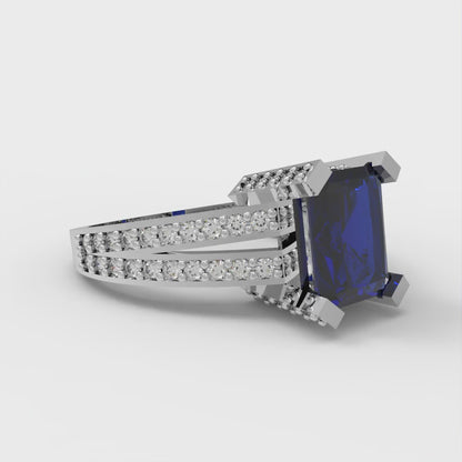 2.35 cttw Simulated Blue Sapphire Solitaire with Zirconia Simulated Diamond Accents Engagement Ring - Solid Gold (Emerald Cut,8x6mm)