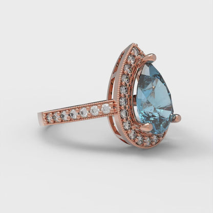 2.36 cttw Natural Swiss Blue Topaz Hidden Halo Engagement Ring - Solid Gold (Pear Cut,10x7mm)