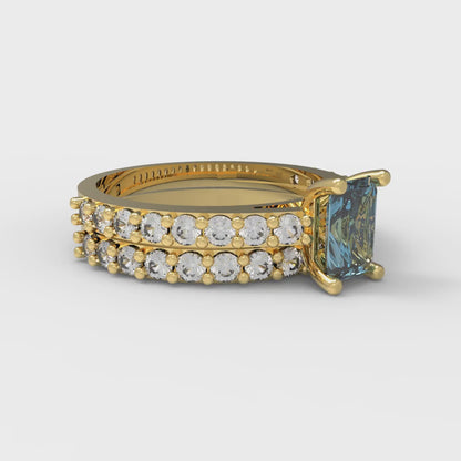 1.325 cttw Emerald Cut Natural Swiss Blue Topaz Bridal Set - Solid Yellow Gold Engagement Ring & Wedding Band