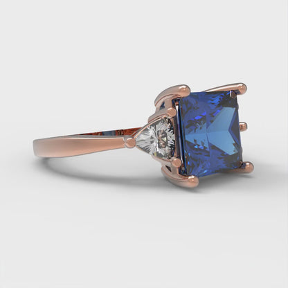 2.32 cttw Simulated Tanzanite Three-Stone Engagement Ring - Solid Rose Gold (VVS1, Princess Cut,7.0mm)