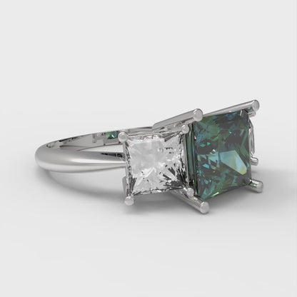 2.5 cttw Blue Moissanite Three-Stone Engagement Ring - Solid White Gold  (VVS1, Princess Cut,6.5 mm)