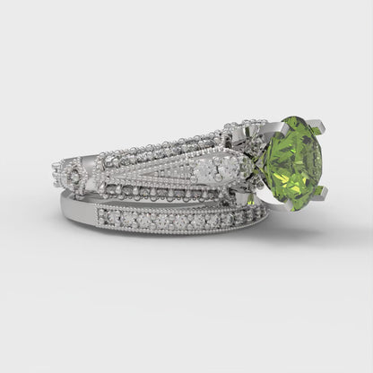 2.095 cttw Round Cut Natural Peridot Bridal Set - Solid White Gold Engagement Ring & Wedding Band