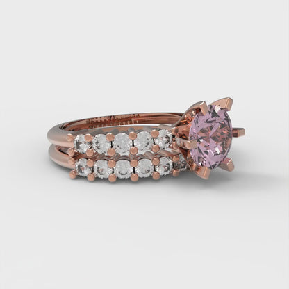1.66 cttw Round Cut Simulated Pink Diamond Bridal Set - Solid Rose Gold Engagement Ring & Wedding Band