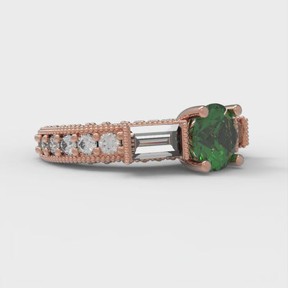 2.33 cttw Simulated Emerald Three-Stone Engagement Ring - Solid Rose Gold (VVS1, Round Cut,6.5mm)