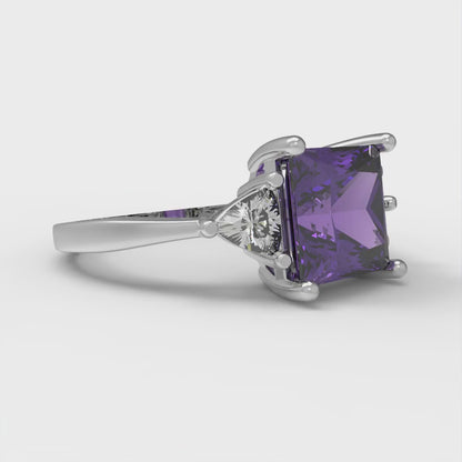 2.32 cttw Natural Amethyst Three-Stone Engagement Ring - Solid White Gold (VVS1, Princess Cut,7.0mm)