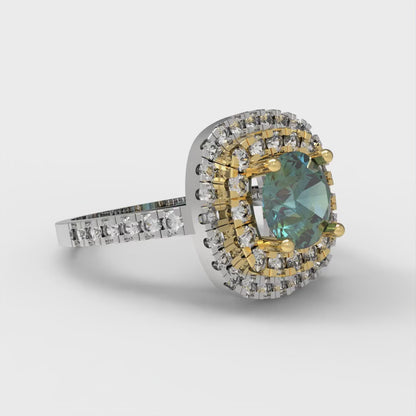 1.615 cttw Blue Moissanite Hidden Halo Engagement Ring - Solid White/Yellow Gold (VVS1, Round Cut,6.5mm)