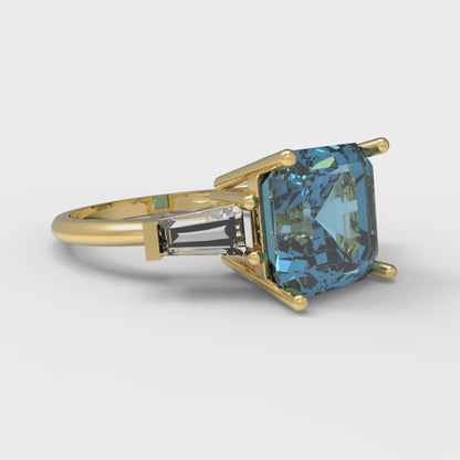 3 cttw Natural Sky Blue Topaz Three-Stone Engagement Ring - Solid Gold (Asscher Cut,8.0mm)