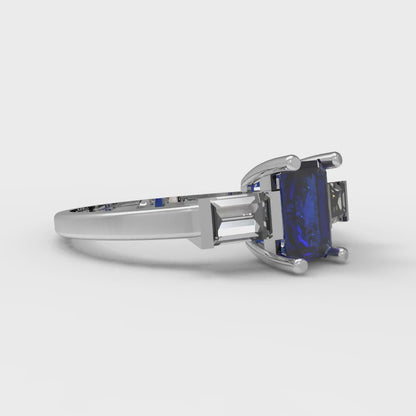 0.8 cttw Simulated Blue Sapphire Three-Stone Engagement Ring - Solid White Gold (VVS1, Emerald Cut,6x4mm)
