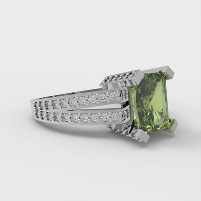 2.35 cttw Natural Peridot Solitaire with Zirconia Simulated Diamond Accents Engagement Ring - Solid Gold (Emerald Cut,8x6mm)