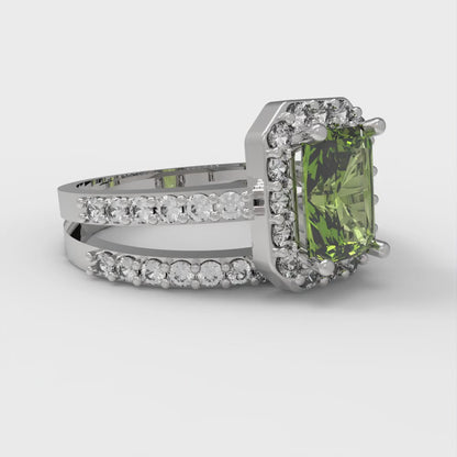 1.92 cttw Natural Peridot Solitaire with Zirconia Simulated Diamond Accents Engagement Ring - Solid White Gold (VVS1, Emerald Cut,7.5X5.5mm)