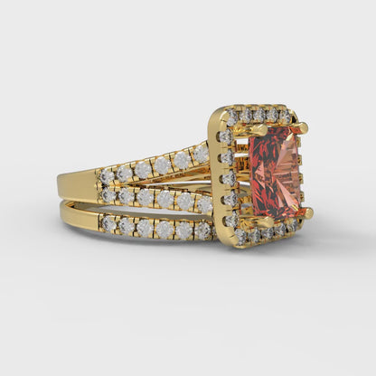 1.72 cttw Emerald Cut Simulated Red Diamond Bridal Set - Solid Yellow Gold Engagement Ring & Wedding Band