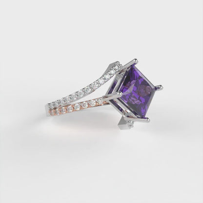 2.3075 cttw Natural Amethyst Solitaire with Zirconia Simulated Diamond Accents Engagement Ring - Solid White/Rose Gold (VVS1, Princess Cut,7.0mm)