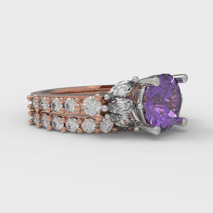 2.94 cttw Round Cut Simulated Alexandrite Bridal Set - Solid Rose/White Gold Engagement Ring & Wedding Band