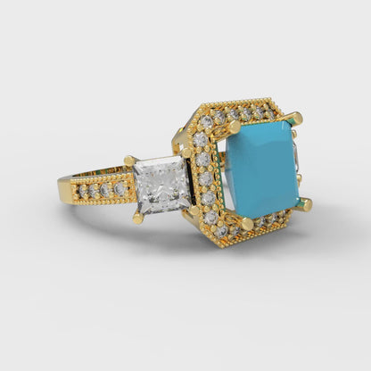 3.005 cttw Simulated Turquoise Three-Stone Engagement Ring - Solid Gold (Princess Cut,7.0mm)
