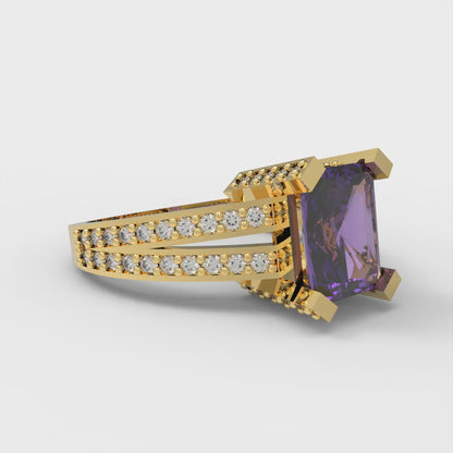 2.45 cttw Natural Amethyst Solitaire with Zirconia Simulated Diamond Accents Engagement Ring - Solid Gold (Emerald Cut,8x6mm)