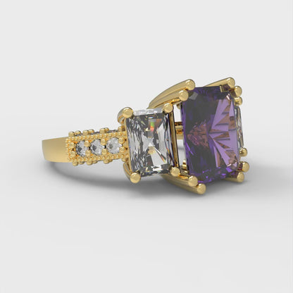 4.27 cttw Natural Amethyst Three-Stone Engagement Ring - Solid Gold (Emerald Cut,9x7mm)
