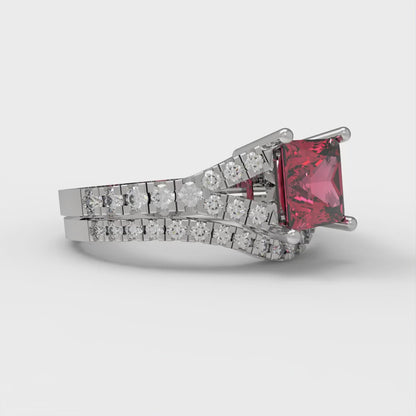 3.4 cttw Princess Cut Simulated Pink Tourmaline Bridal Set - Solid White Gold Engagement Ring & Wedding Band