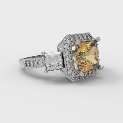 3.005 cttw Zirconia Simulated Champagne Diamond Three-Stone Engagement Ring - Solid White Gold (VVS1, Princess Cut,7.0mm)