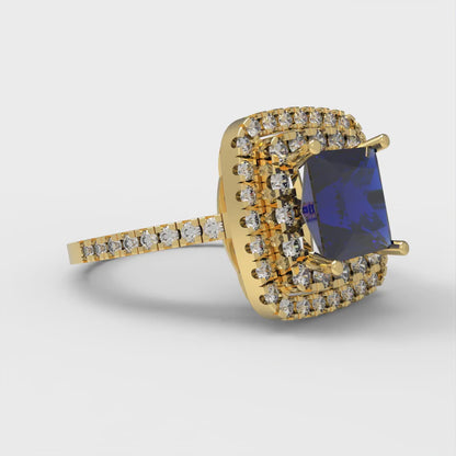 2.07 cttw Simulated Blue Sapphire Hidden Halo Engagement Ring - Solid Yellow Gold (VVS1, Princess Cut,6.5mm)