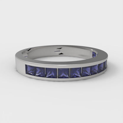 0.78 cttw Simulated Blue Sapphire Princess Cut White Gold Eternity Wedding Band