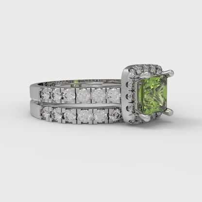 1.56 cttw Princess Cut Natural Peridot Bridal Set - Solid White Gold Engagement Ring & Wedding Band