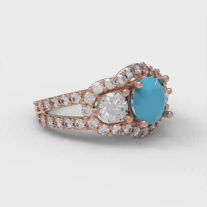 2.16 cttw Simulated Turquoise Three-Stone Engagement Ring - Solid Rose Gold (VVS1, Round Cut,6.5mm)